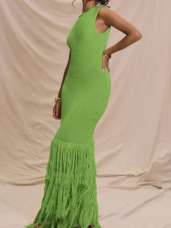 Green Elegant Sleeveless Ribbed Women's Maxi Dress with Frayed Hem - Picture 3 of 6